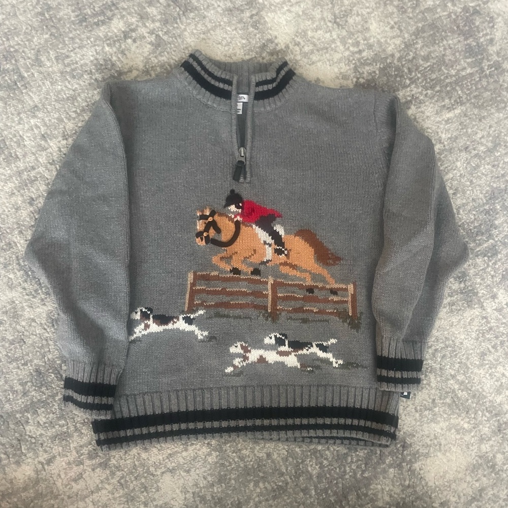 Hartstrings Gray Zip-Up Sweater with Equestrian Design